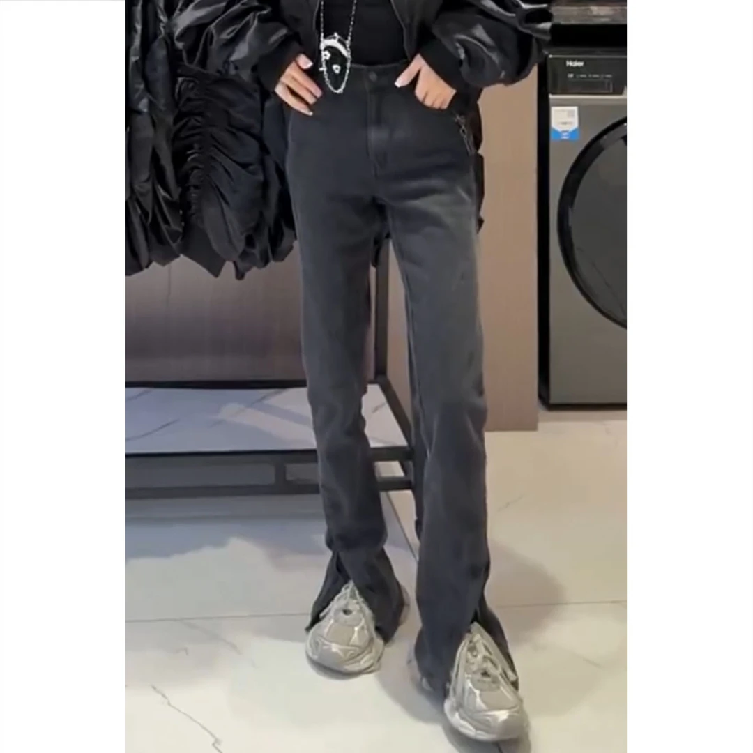 艾塔莉修身牛仔裤女早秋新款高腰显瘦微喇叭开叉直筒牛仔裤百搭