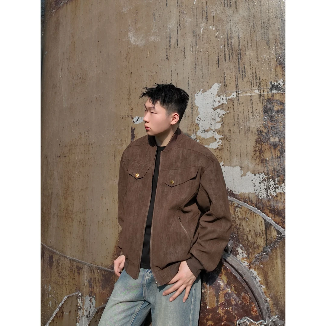 JH2025秋装新款男复古做旧重工坑条纹理短款哈灵顿皮外套