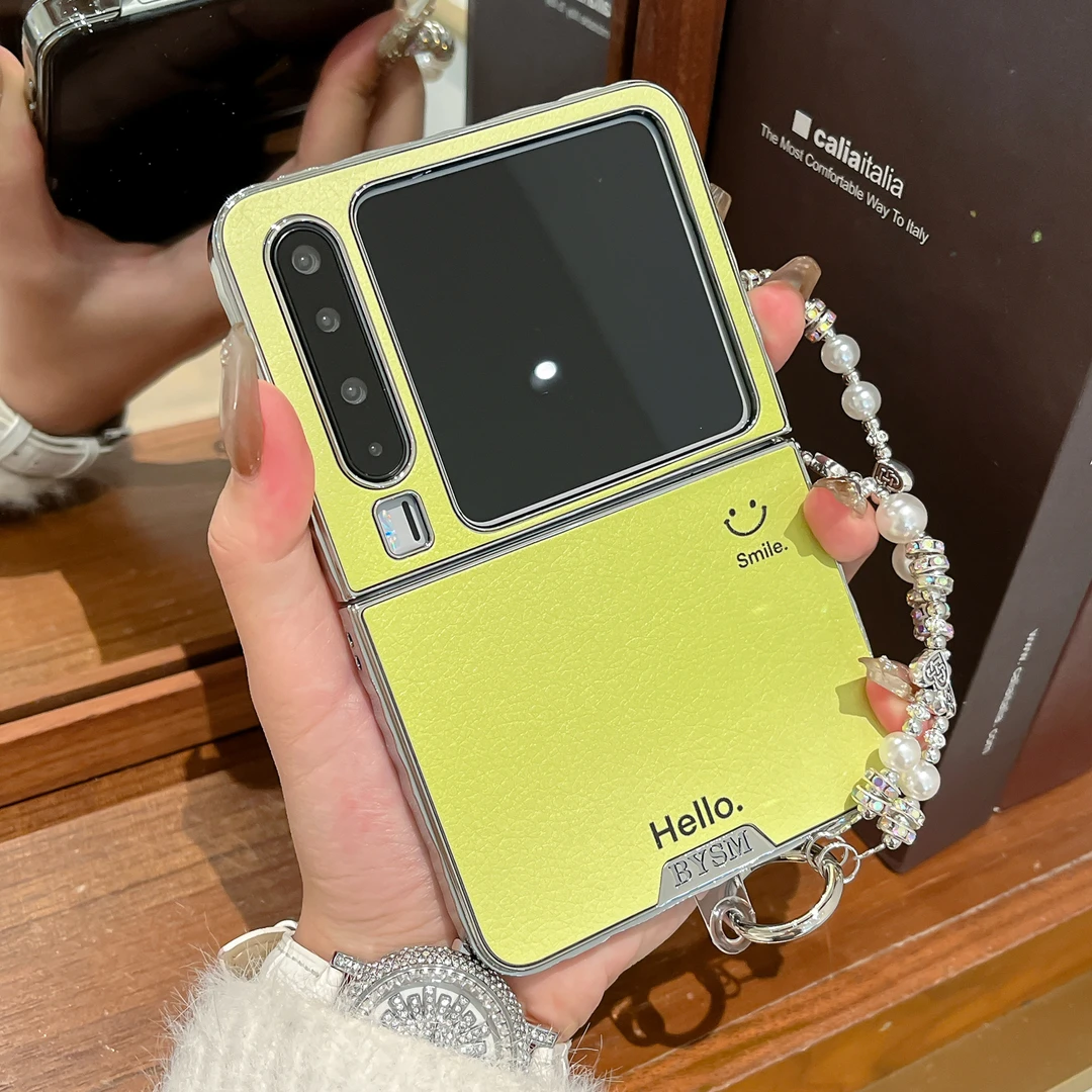 适用华为purax手机壳电镀秋冬皮纹渐变笑脸pocket2折叠女款保护套