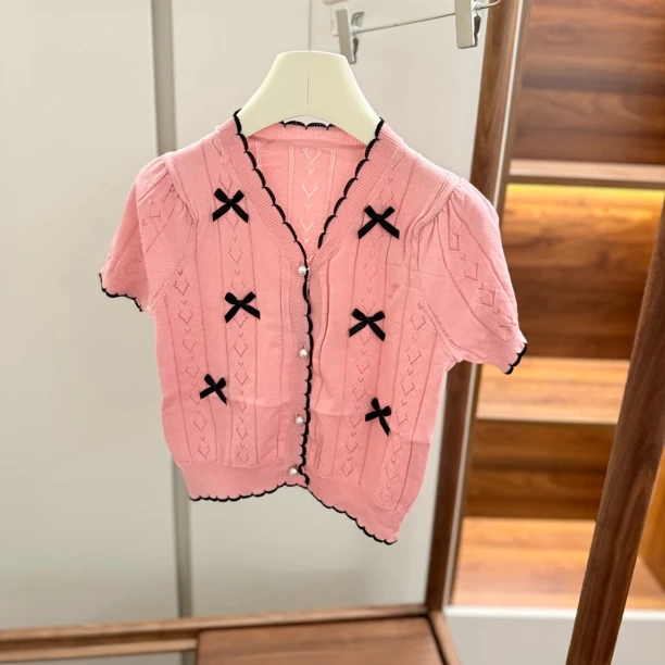 【编号T525】YX711-09-儿童蝴蝶结开衫短袖粉色-CC+