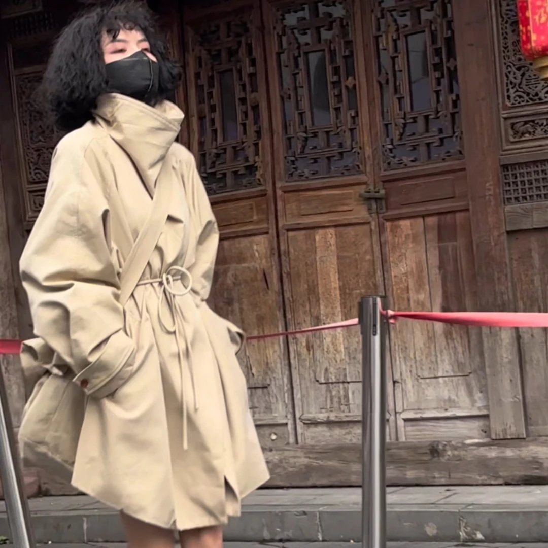 秋季新款气质宽松中长款设计感廓形风衣外套小个子收腰显瘦