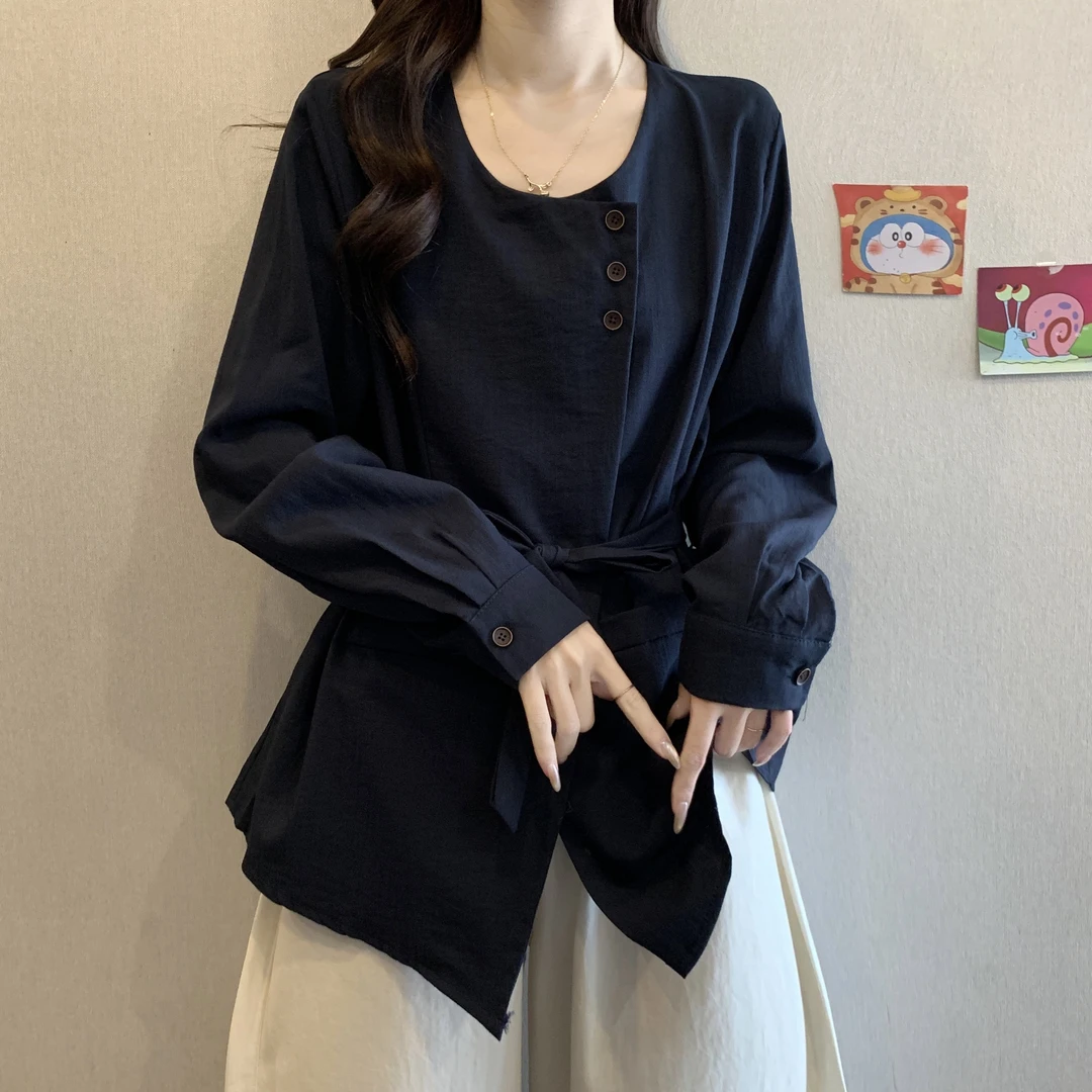 大码女装遮肚子法式复古系带收腰衬衫女春秋胖mm小众别致长袖上衣