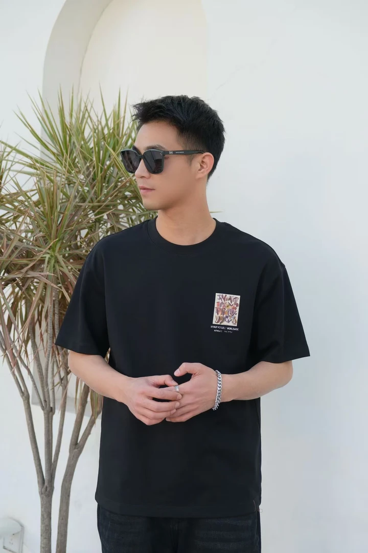 夏季圆领短袖印花哈苏线撞色T恤宽松男士高品质男装百搭简约