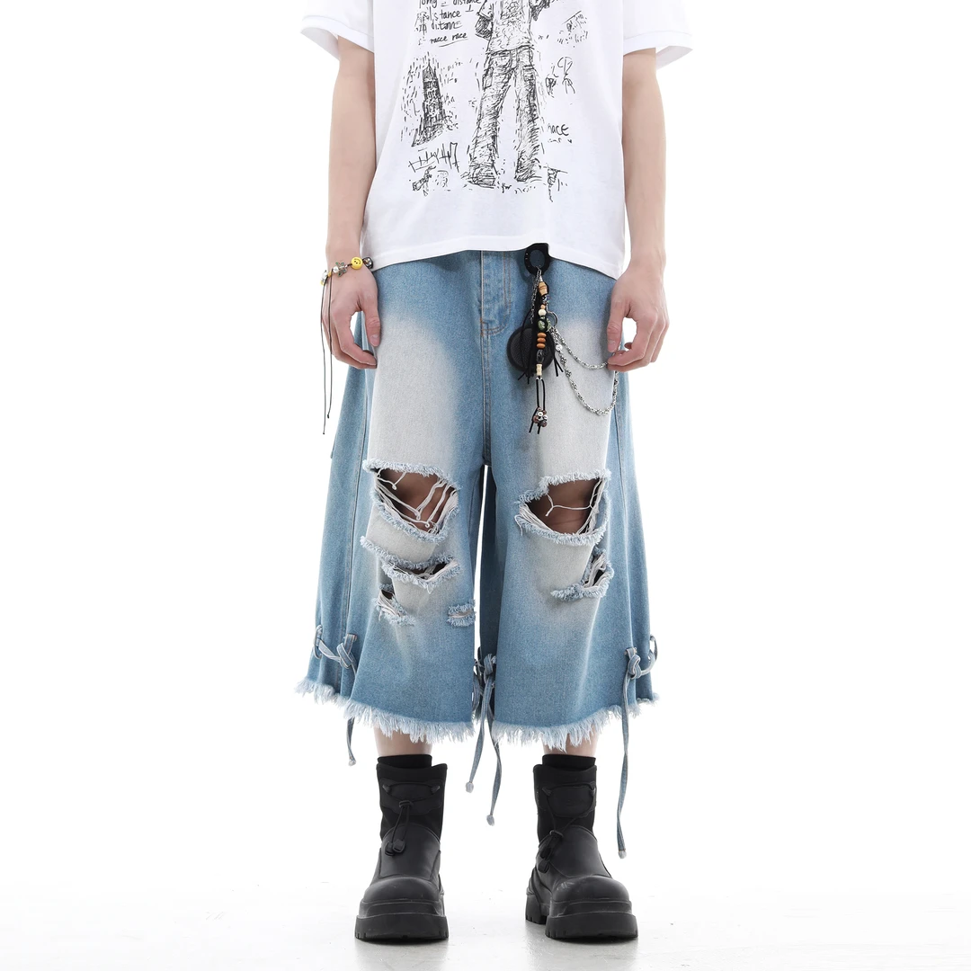 Trend st高街复古vintage破洞牛仔七分裤美式dirtyfit阔腿短裤男