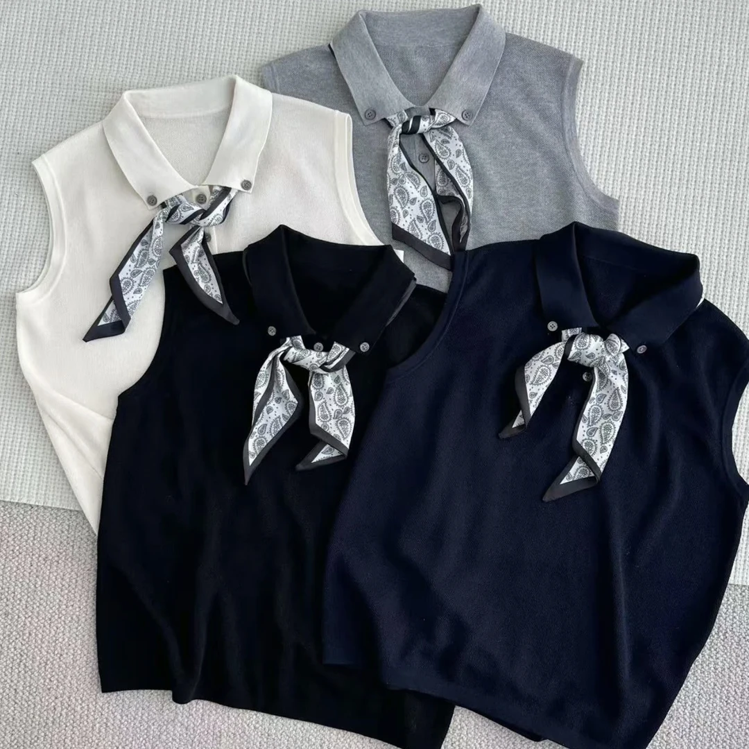 韩系时尚翻领丝巾坎肩无袖针织t恤女夏季宽松超好看独特漂亮上衣