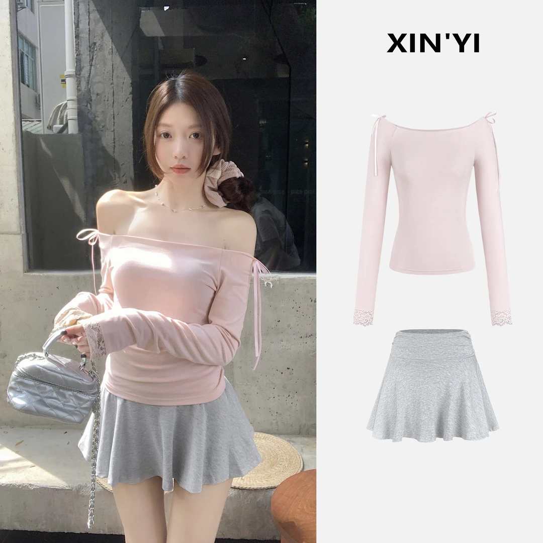 美女氛围 蝴蝶结一字肩T恤女初春韩系修身设计感纯欲上衣C 8584#