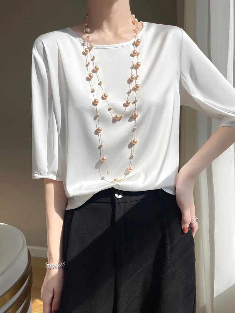 夏季新款短袖圆领T恤女中袖短款高级感气质显瘦纯色五分袖上衣潮