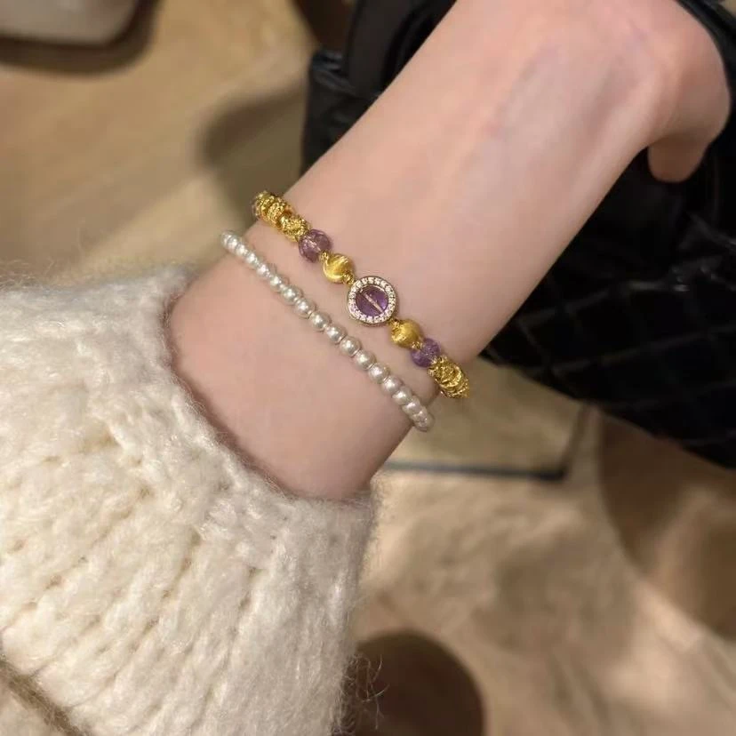 非金属塑料手镯镀真金强保色法式轻奢风仿紫水晶盘缠串珠手链设计