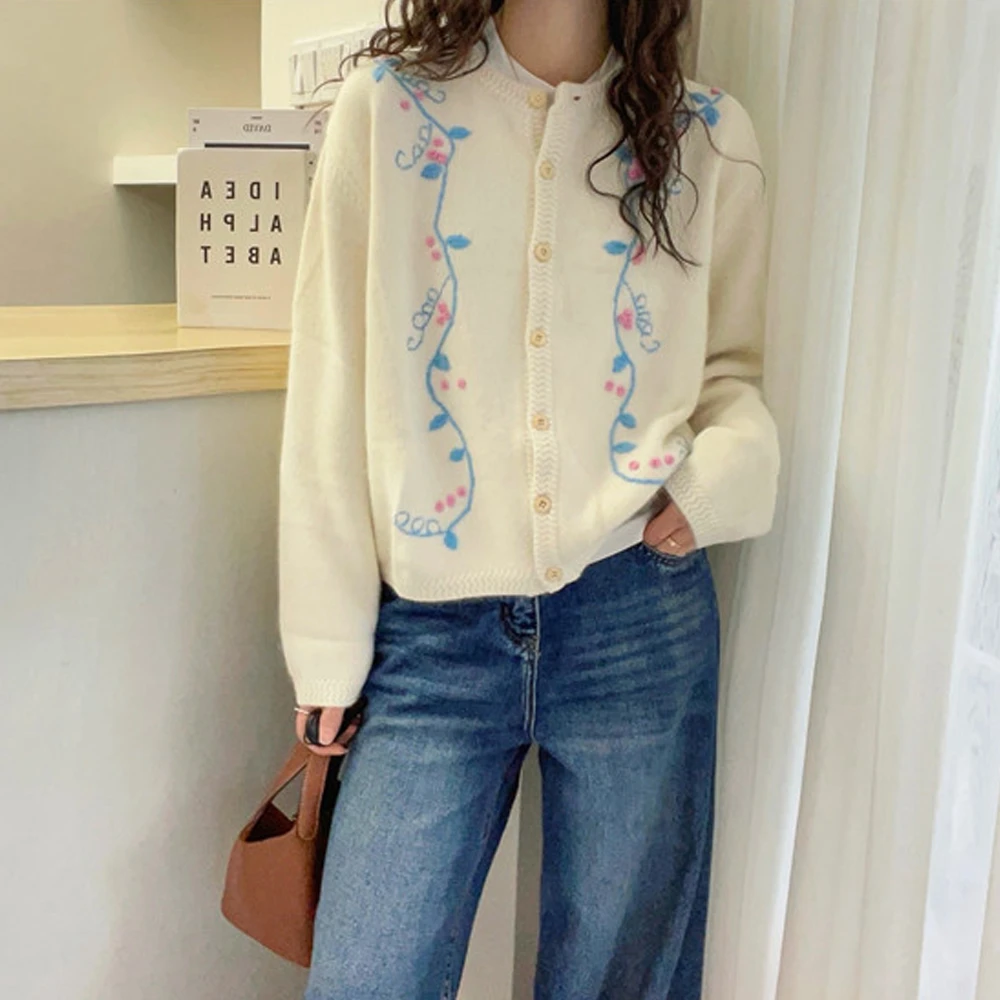 冬季新款加厚保暖时尚洋气可爱宽松圆领长袖重工刺绣休闲毛针织衫