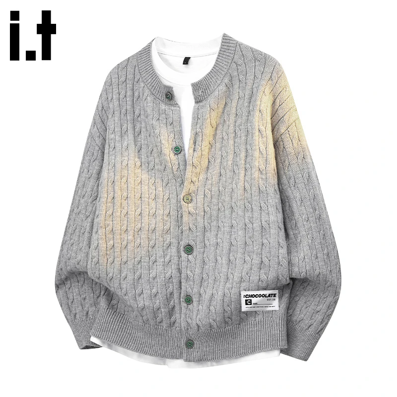 i.t:CHOCOOLATE秋季开衫针织外套男潮牌麻花纹设计感宽松舒适毛衣