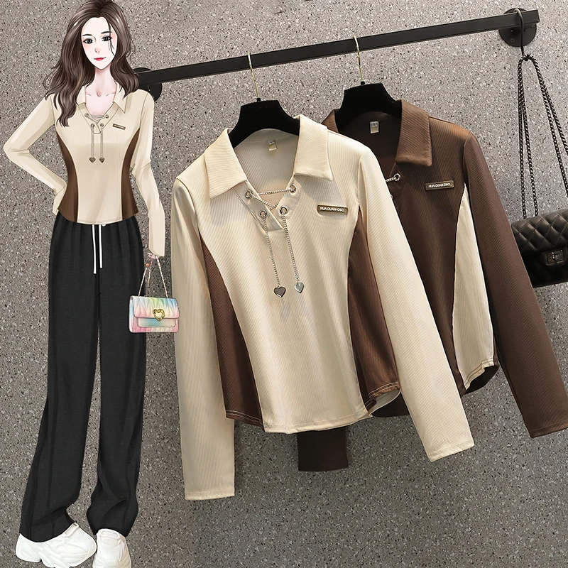 3573时尚百搭时尚显瘦链条款字母翻领长袖上衣2219