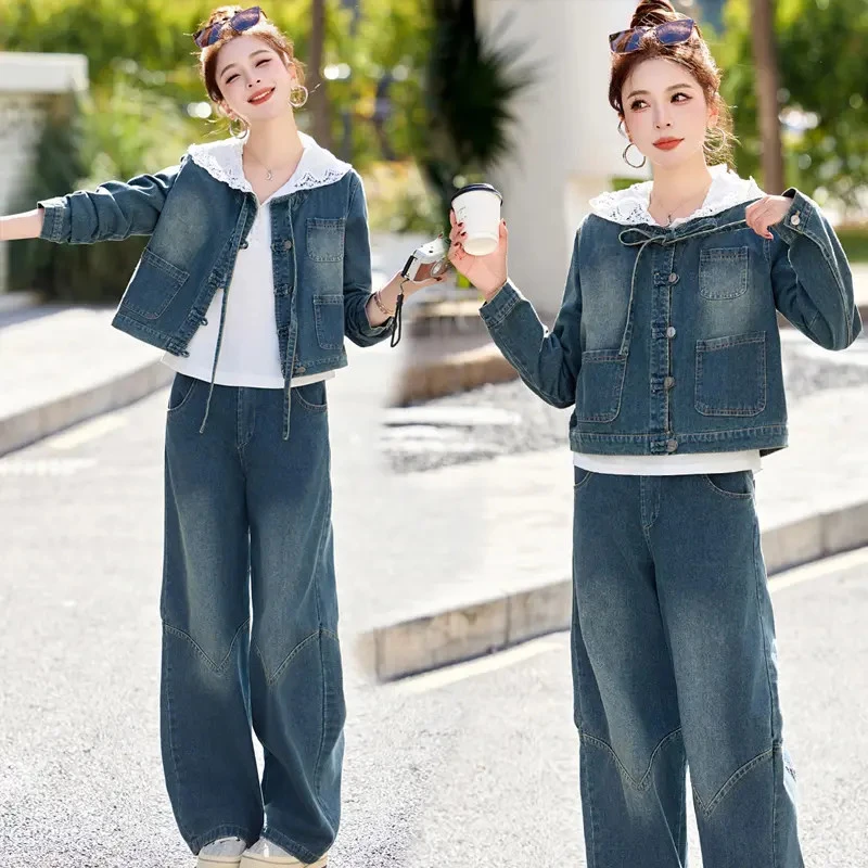 休闲风连帽卫衣牛仔套装女2025春秋新款洋气减龄宽松阔腿裤三件套