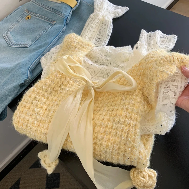 设计感小众蝴蝶结绑带针织背心叠穿蕾丝喇叭长袖上衣女士两件套装