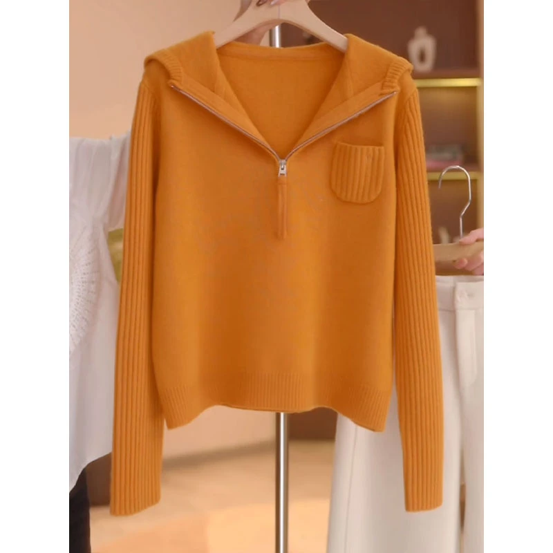 高级感连帽坑条针织衫女2025秋冬新款宽松气质半拉链毛衣内搭上衣