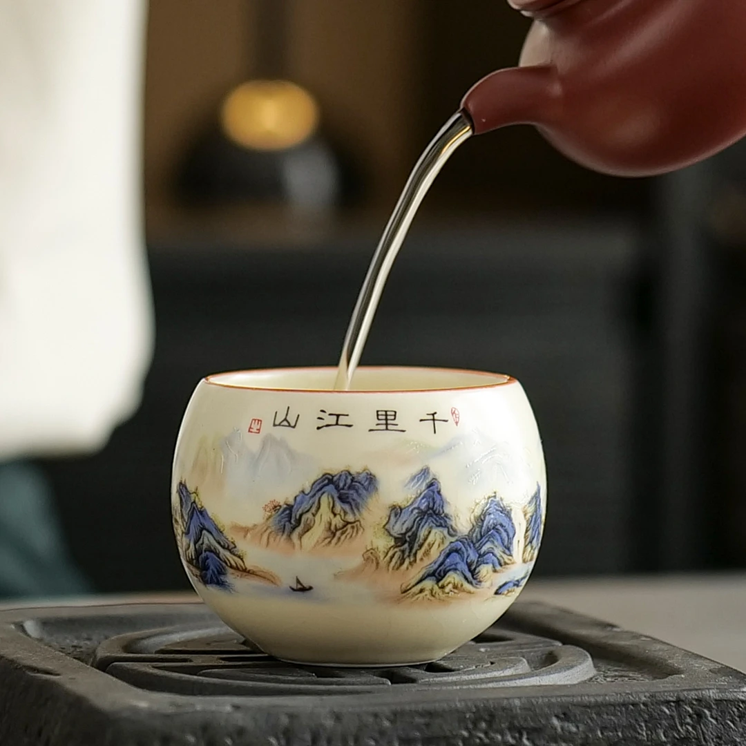 汝窑千里江山主人杯中式品茗杯家用个人专用高档喝茶杯创意伴手礼