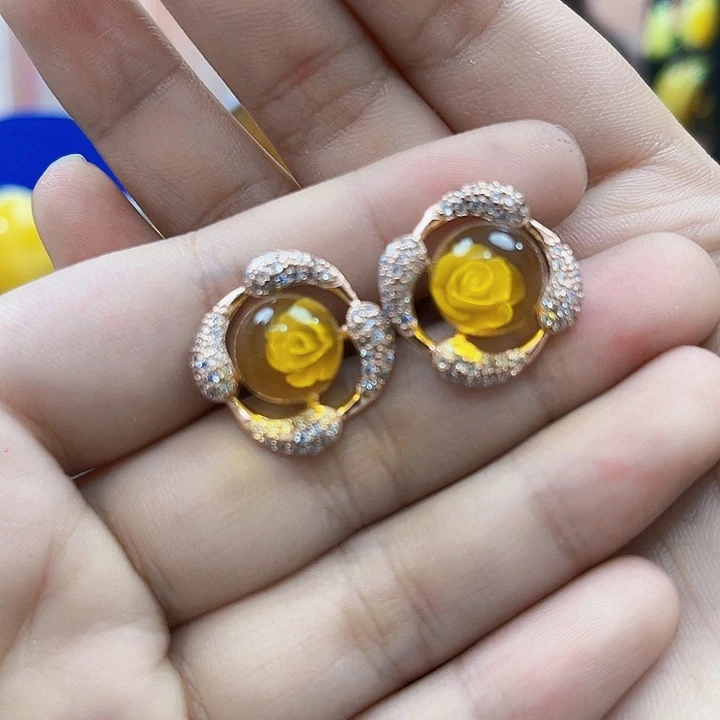 琥珀银S925镶嵌颈饰耳环