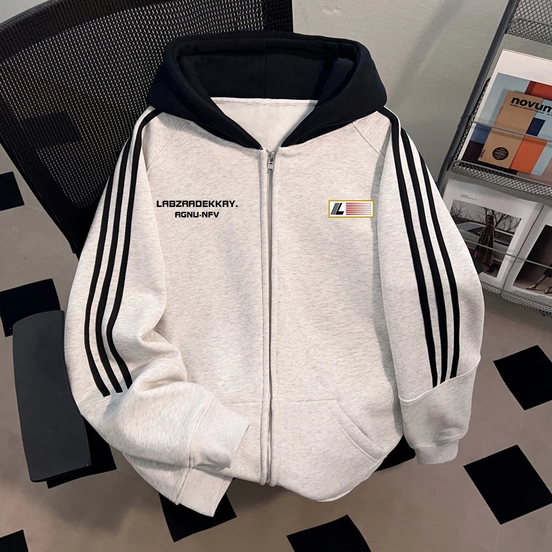 Dekkry潮流百搭拼色三条杠连帽卫衣男女秋冬休闲时尚拉链卫衣外套