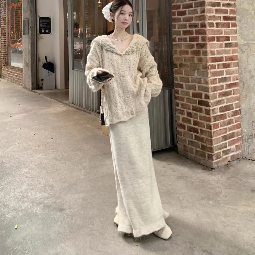 温柔风套装女春秋甜美立体花朵海军领开衫毛衣半身长裙两件套