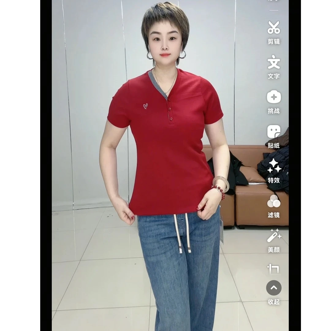 小施家设计感洋气刺绣V领百搭显瘦T恤2330