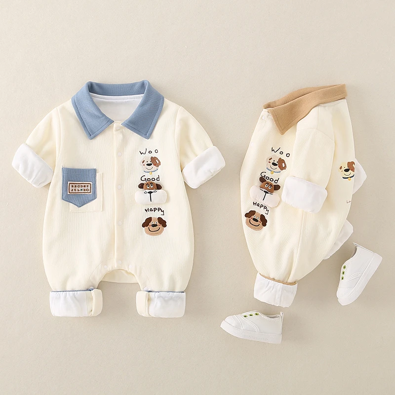 婴儿春装可爱卡通新生儿双层连体衣男女宝宝长袖满月哈衣春秋爬服