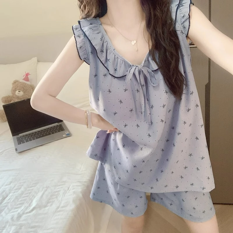 带胸垫甜美背心短裤睡衣女款夏季2025新款蝴蝶结云朵棉家居服套装