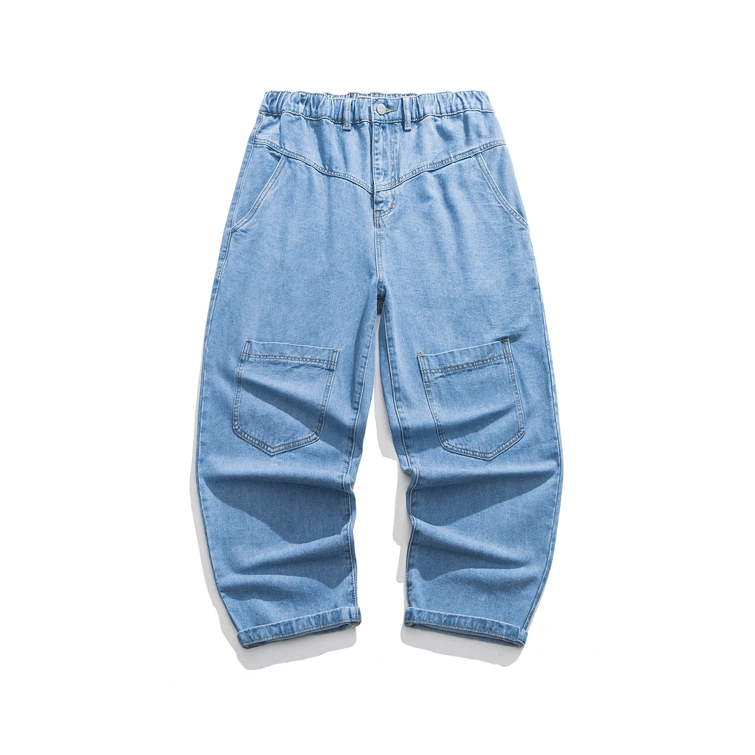 Medaigual 复古水洗浅蓝三本针松紧腰宽松锥形裤男街头滑板牛仔裤