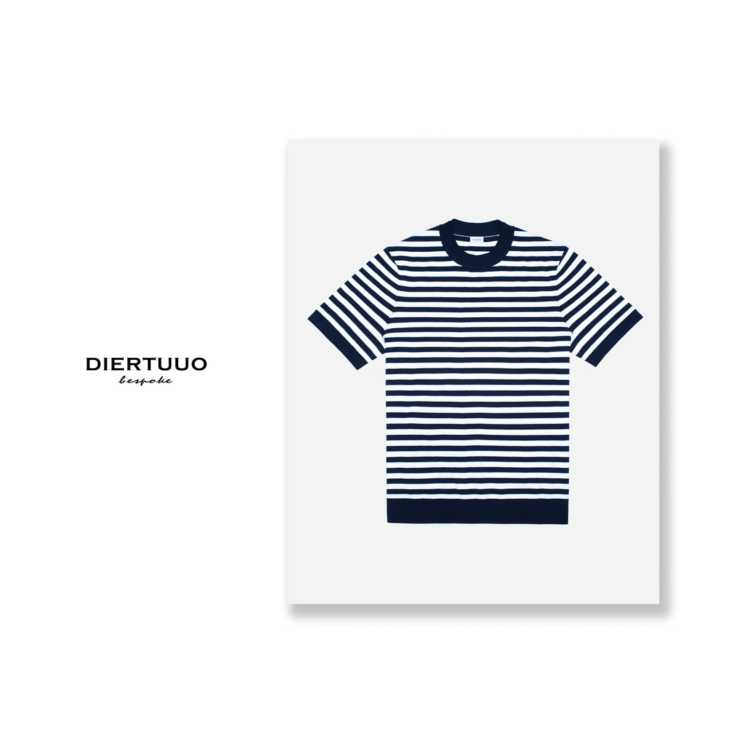 DIERTUUO迪途-男士夏季休闲修身时尚百搭条纹针织双层领半袖6128