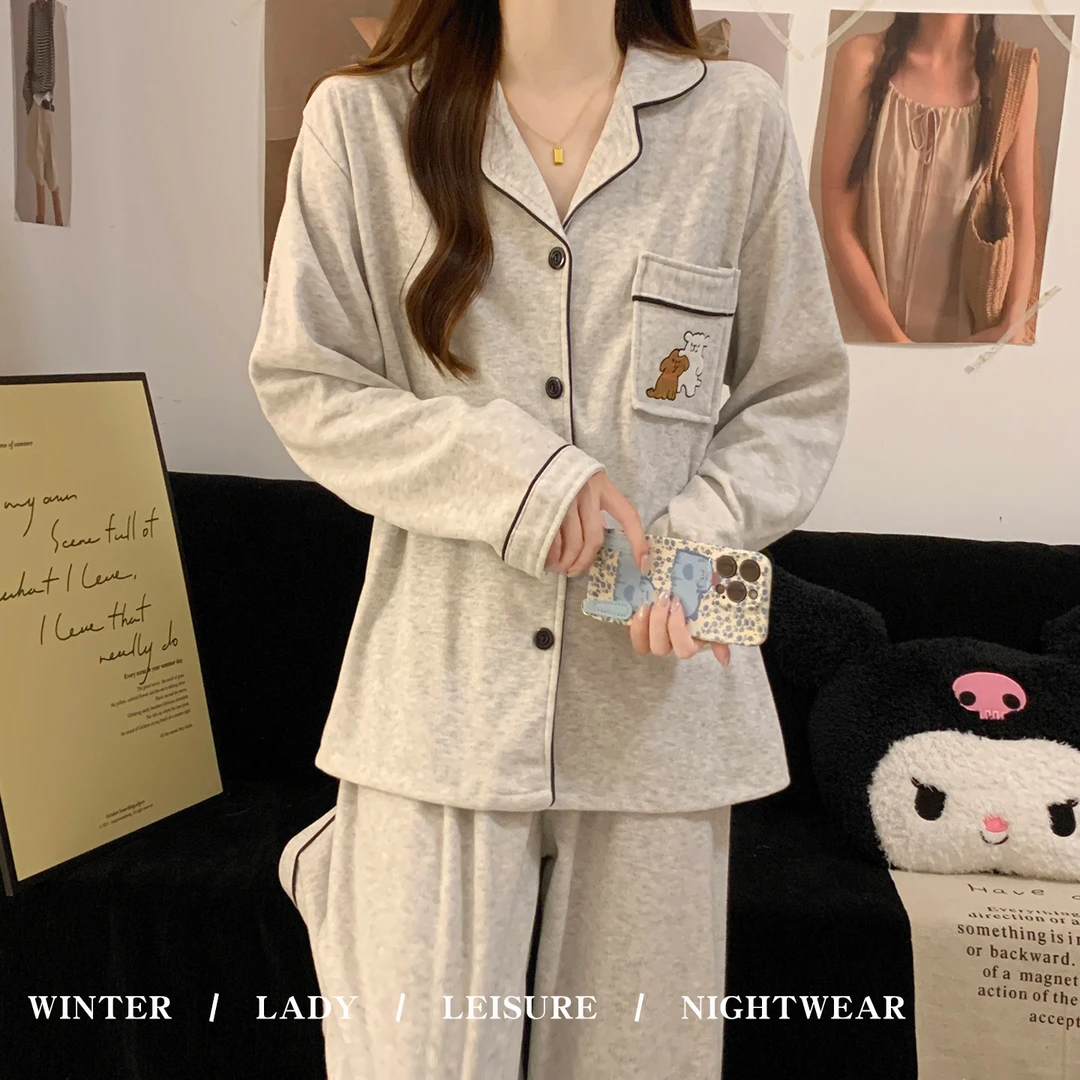 睡衣女款春秋冬季加厚家居服长袖保暖薄绒纯欲风灰色宽松开衫套装