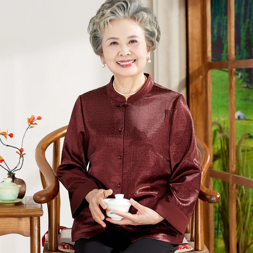 老年妈妈秋装长袖衬衫上衣老太太春秋唐装衬衣薄外套奶奶喜庆衣服