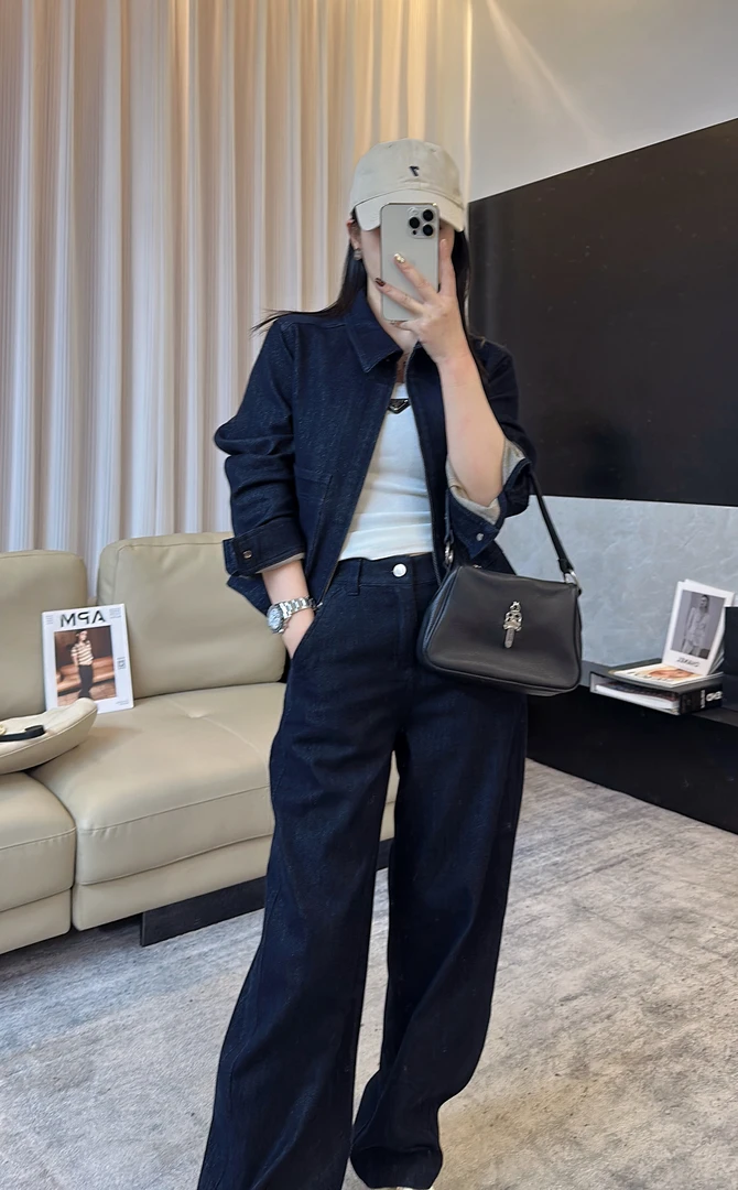 【MEEUMI】春季新款棉 女装牛仔阔腿裤深蓝色PB1891YM