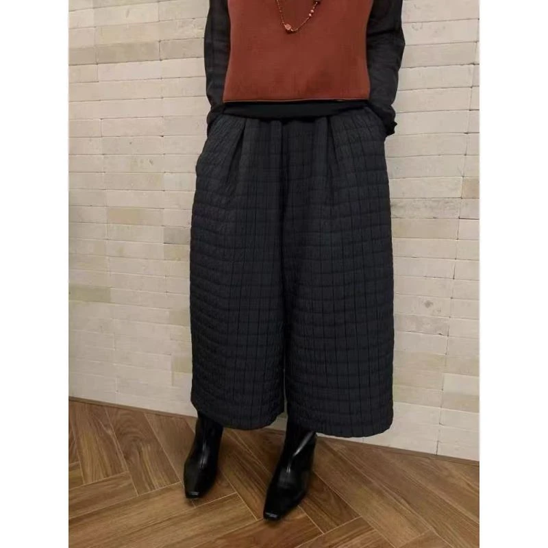 6629#方格夹棉九分阔腿棉裤女2025新款加厚高腰显瘦运动休闲裤