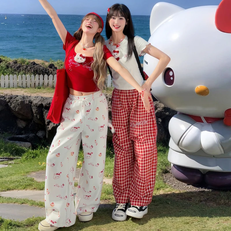 森女部落甜美风原创可爱猫咪印花直筒裤夏季高腰显瘦休闲裤女卫裤