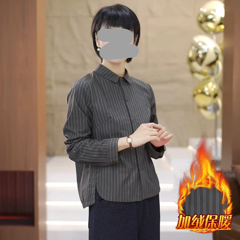 2025冬季新款时尚百搭设计感长袖衬衫女加绒加厚减龄拼接开衫上衣