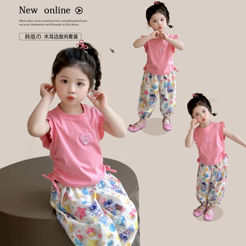 女童洋气夏日新款套装甜美可爱木耳边短袖敖丙印花防蚊裤两件套