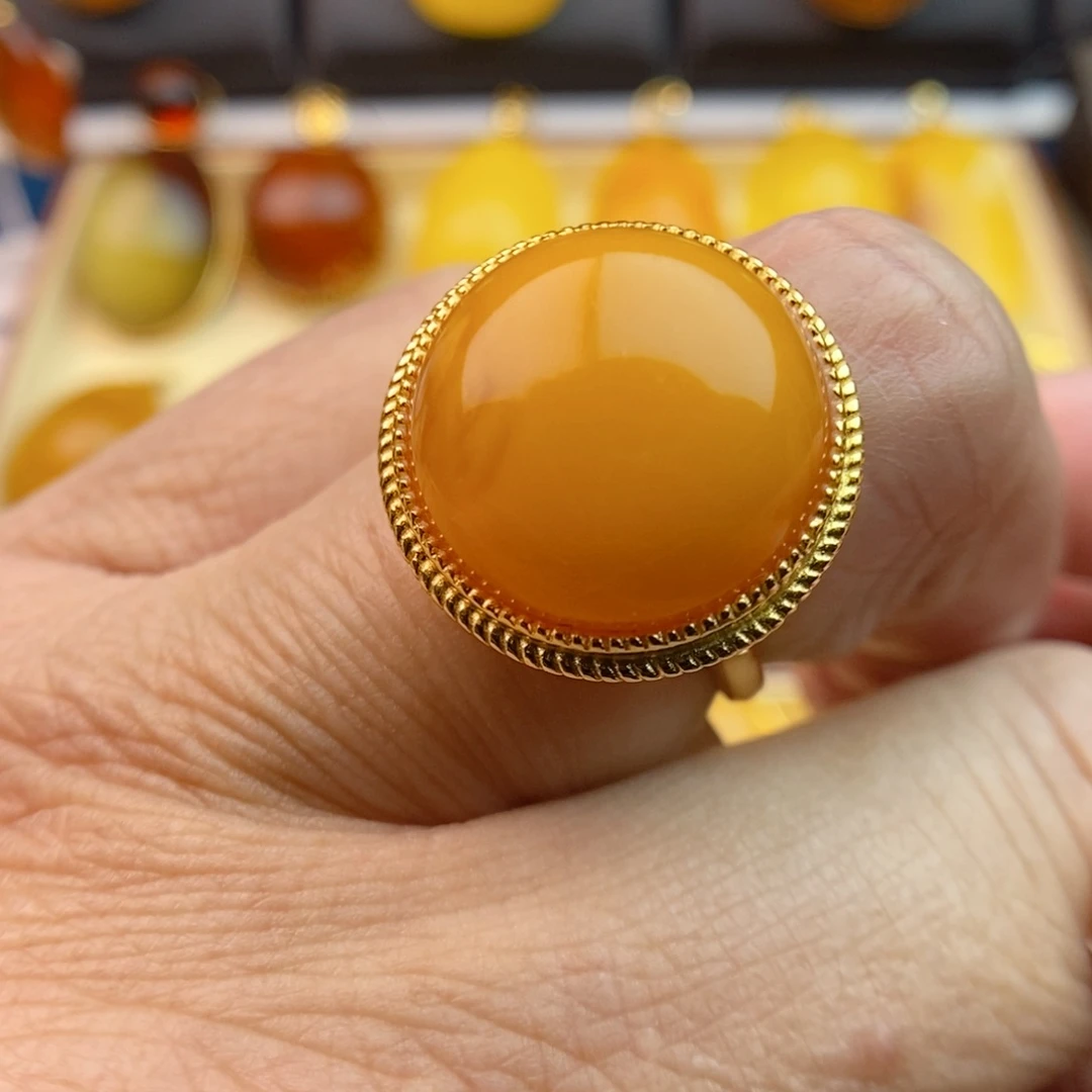 琥珀戒指银S925镀金镶嵌