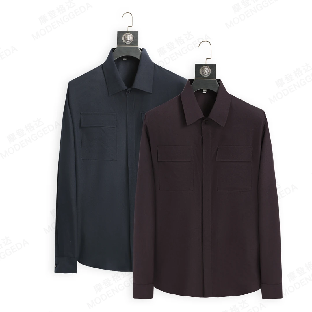 2025新款纯色休闲男士衬衫时尚潮流翻领免烫弹力宽松外套长袖衬衫