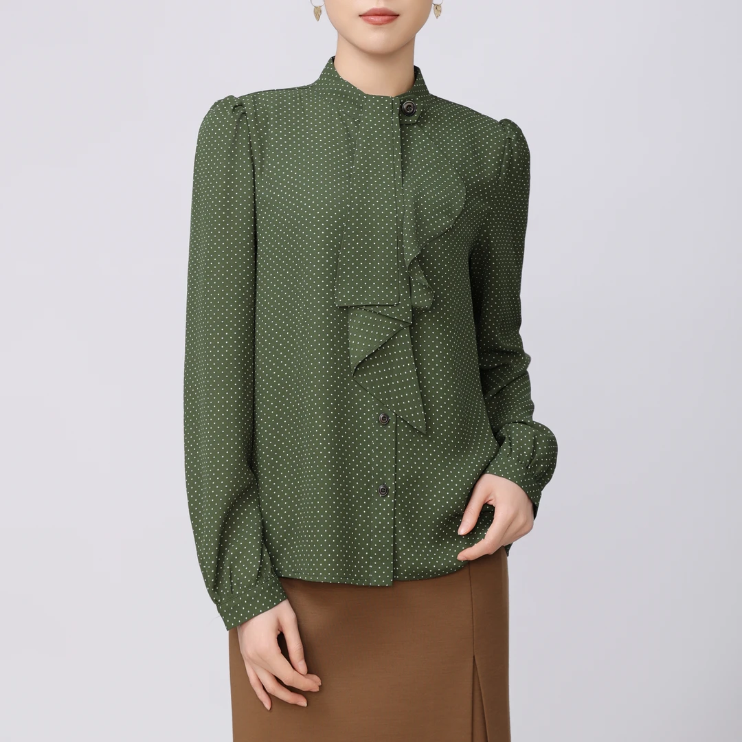 GIRDEAR/哥弟新款立领荷叶边长袖单排扣衬衫新中式衬衣女1300744