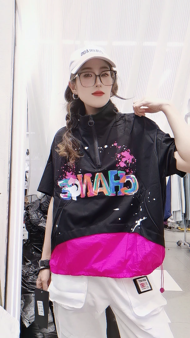 潮系时尚拼色百搭上衣短袖夏