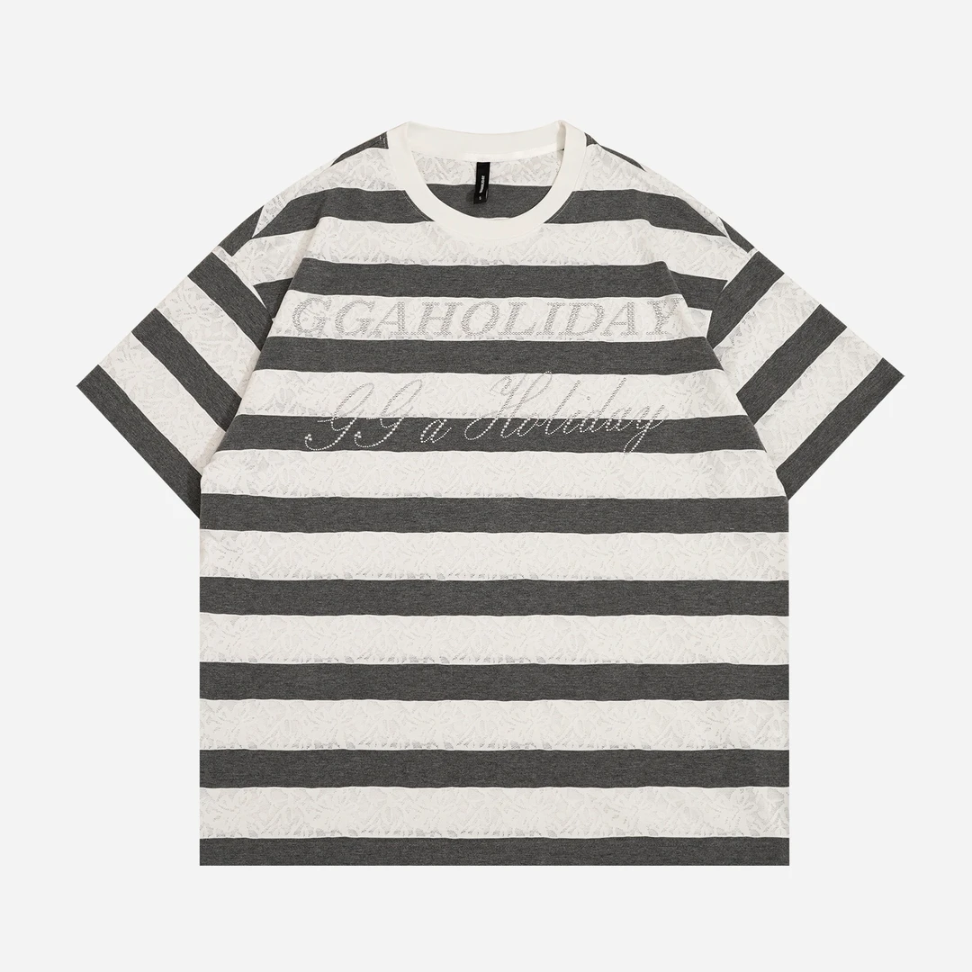 GGAHOLIDAY夏季休闲宽松潮流条纹百搭复古蕾丝拼接显瘦T恤-152561