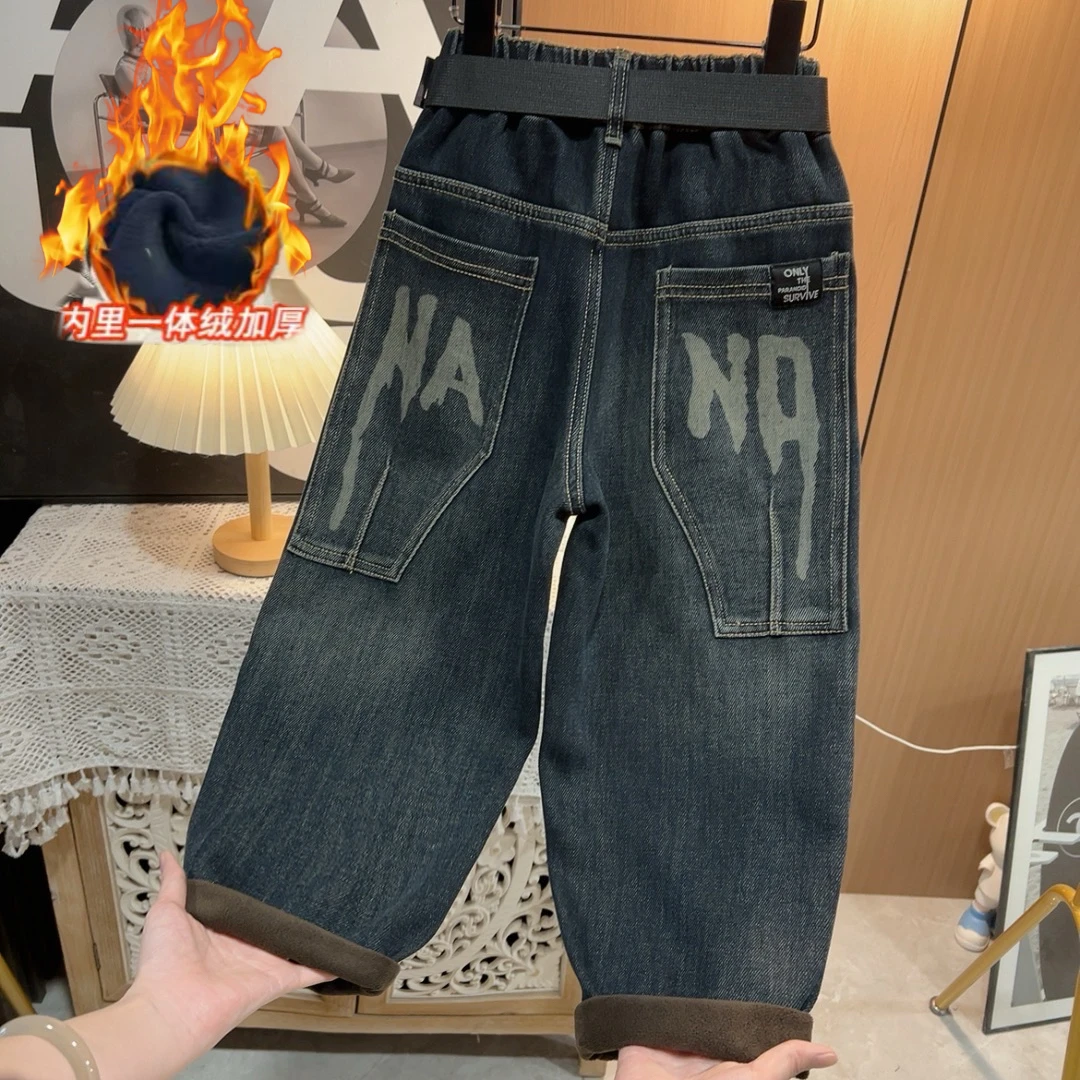 【加绒】~2025秋冬新款潮酷字母加绒男童时髦韩版牛仔裤11010