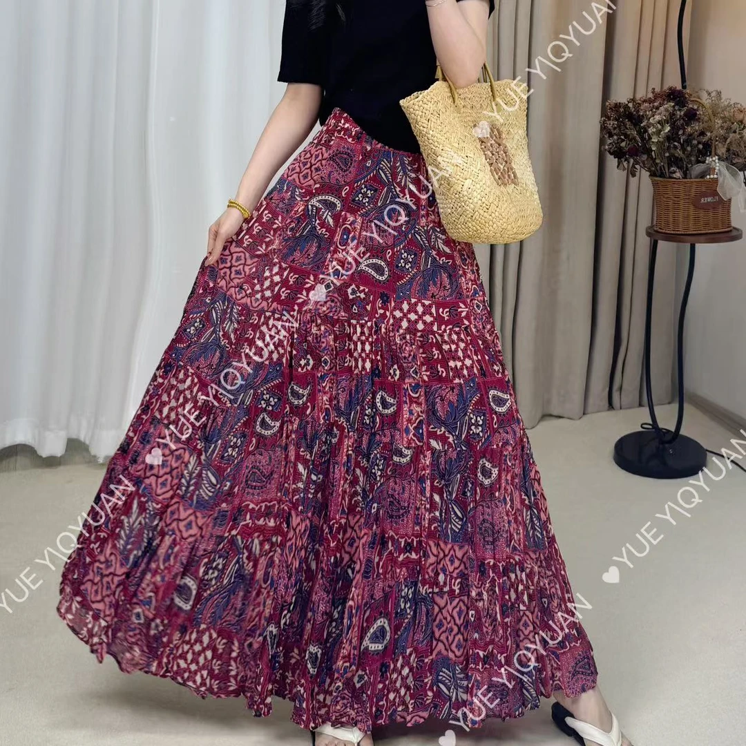 【绮罗】2025夏季新款大裙摆有口袋碎花半身裙复古高腰显瘦长裙