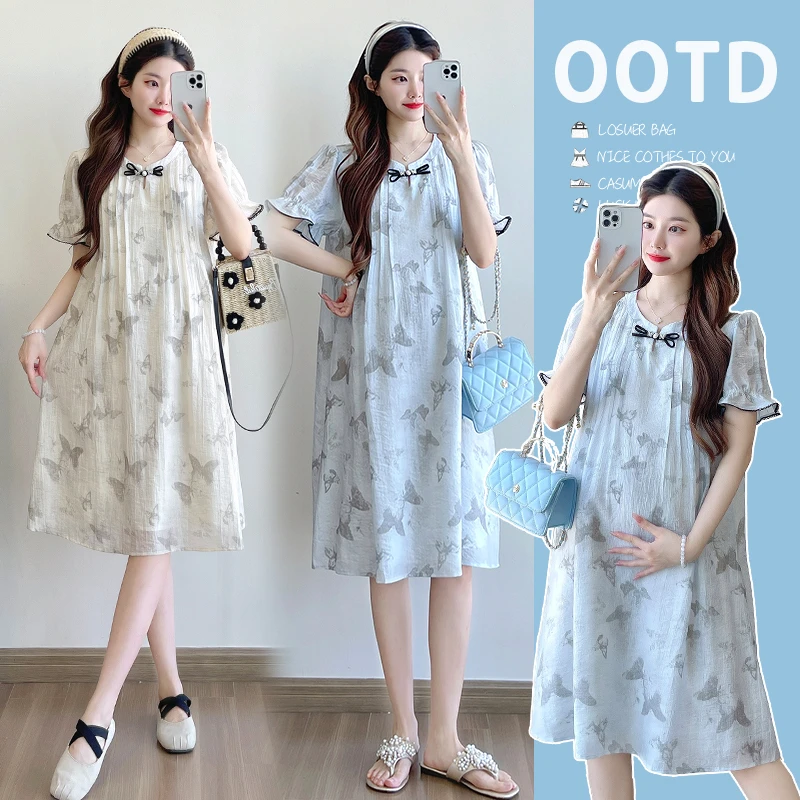 （优质版）孕妇装夏季2025蝴蝶印花夏装新款中长款新中式时尚连衣裙