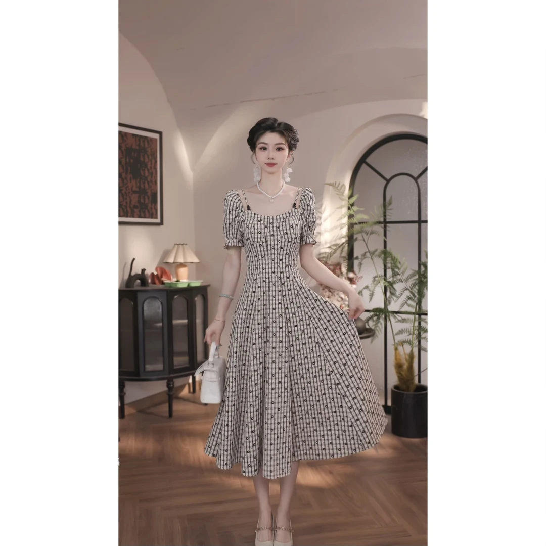 【薇宝儿-婷婷】-夏季新款法式复古格纹高级设计显瘦连衣裙裙子