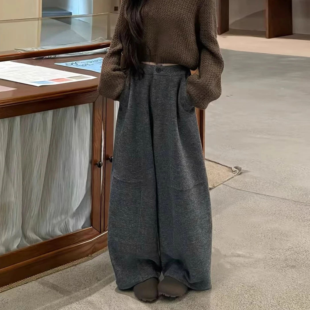 深灰色毛呢休闲裤女秋冬加绒加厚保暖大码胖mm宽松显瘦直筒阔腿裤