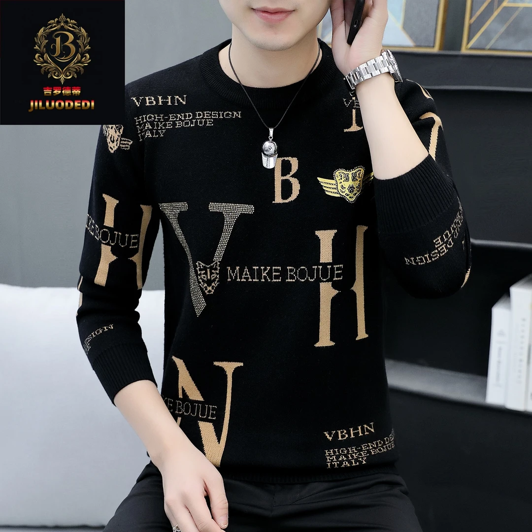 秋冬季男士毛衣时尚烫钻潮流圆领男款针织衫长袖羊毛衫高端打底衫