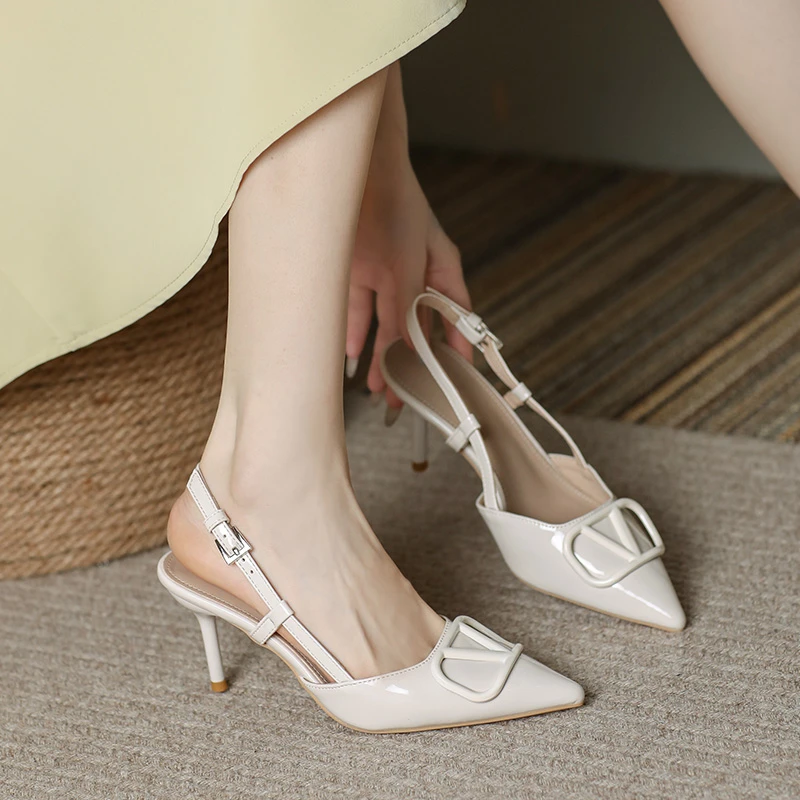 KABINGNI/卡冰妮细跟高跟凉鞋女2025新款夏尖头气质法式中跟单鞋