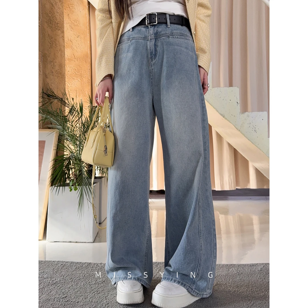 应小姐【蓝屿牛仔】微胖大码时尚水洗设计感休闲直筒外穿高腰牛仔裤