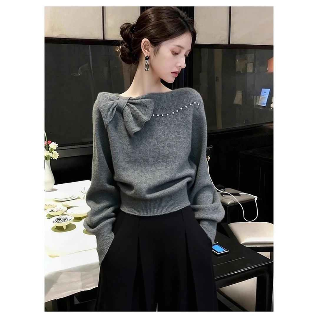 毛衣女款2025新款秋冬巨好看气质高端灰色蝴蝶结内搭针织衫上衣厚
