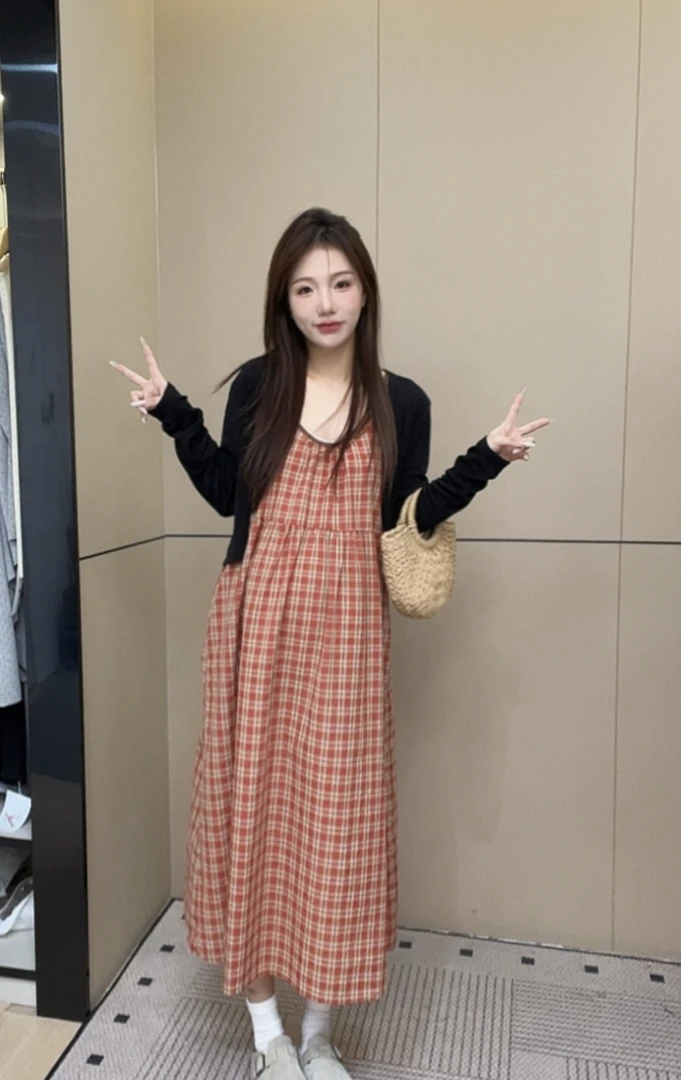 韩系百搭小个子套装新品韩版时尚格子吊带裙+防晒开衫两件套减龄