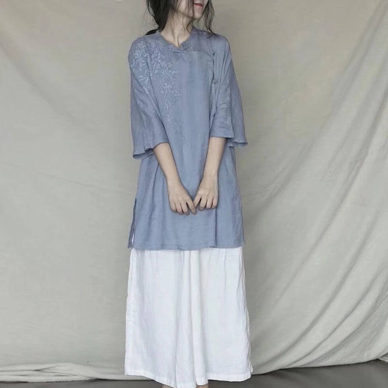 品牌专柜撤柜清仓尾货女中式改良盘扣苎麻茶服中长款亚麻刺绣上衣